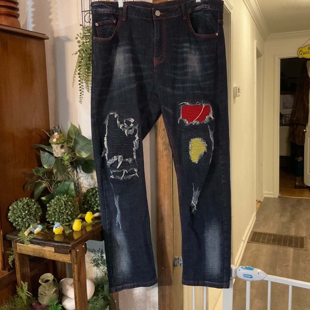 Source Unknown Men's Straight Jeans With Red And … - image 1